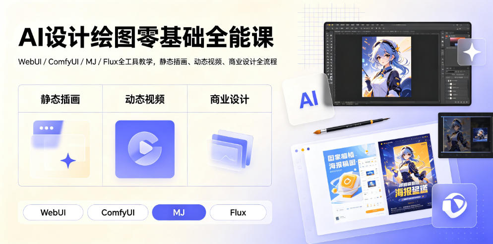 AI设计绘图零基础全能课|WebUI/ComfyUI/MJ/Flux全工具教学,静态插画、动态视频、商业设计全流程-云讯网创