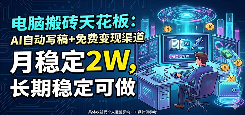 电脑搬砖天花板：AI自动写稿+免费变现渠道，月稳定2W，长期稳定可做-云讯网创
