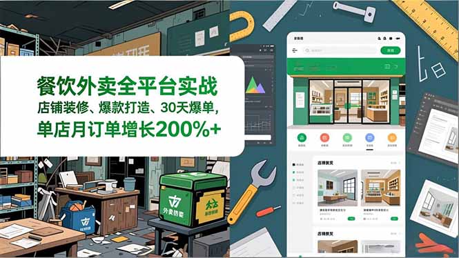 餐饮外卖全平台实战，店铺装修、爆款打造、30天爆单，手把手教学，单店月订单增长200%+-云讯网创