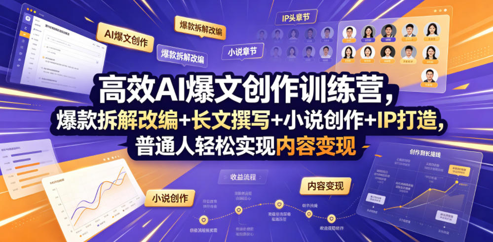 高效AI爆文创作训练营，爆款拆解改编+长文撰写+小说创作+IP打造，普通人轻松实现内容变现-云讯网创