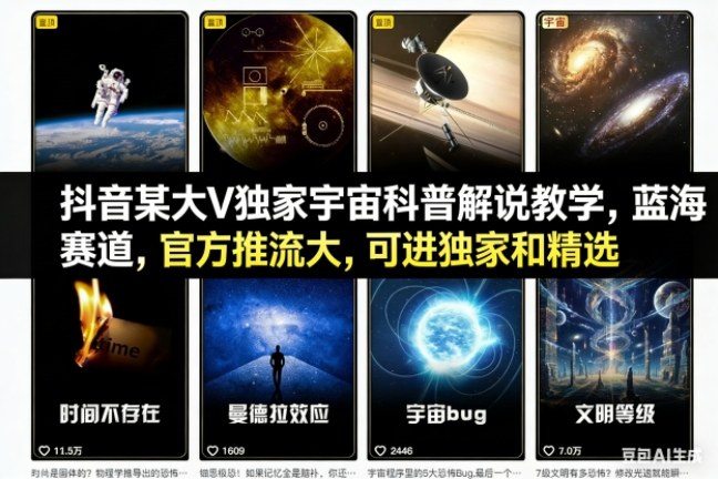 抖音某大V独家宇宙科普解说教学，蓝海赛道，官方推流大，可进独家和精选-云讯网创