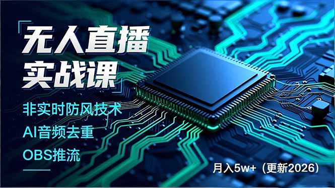 无人直播实战课，非实时防风技术、AI音频去重、OBS推流，建立技术壁垒，月入5w+(更新2026-云讯网创