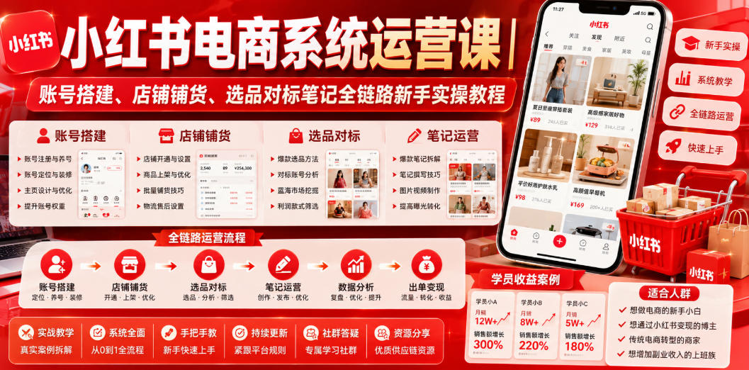 小红书电商系统运营课｜账号搭建、店铺铺货、选品对标笔记全链路新手实操教程-云讯网创