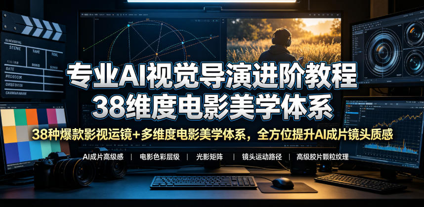 专业AI视觉导演进阶教程，38种爆款影视运镜+多维度电影美学体系，全方位提升AI成片高级感与镜头质感-云讯网创