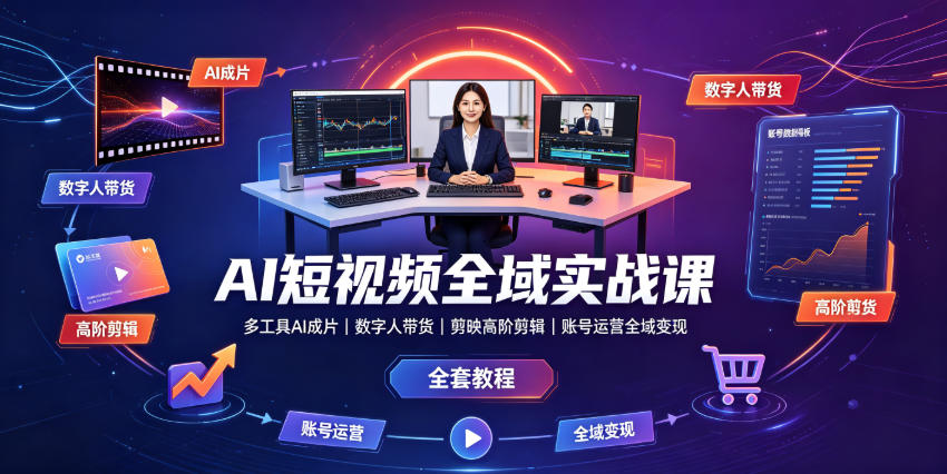AI短视频全域实战课｜多工具AI成片、数字人带货、剪映高阶剪辑、账号运营全域变现全套教程-云讯网创