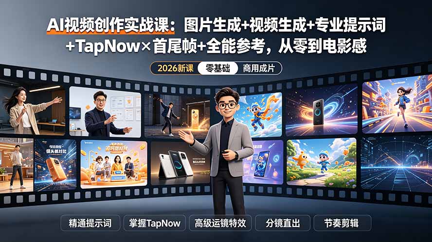 AI视频创作实战课：图片生成+视频生成+专业提示词+TapNow×首尾帧+全能参考，从零到电影感成片-云讯网创