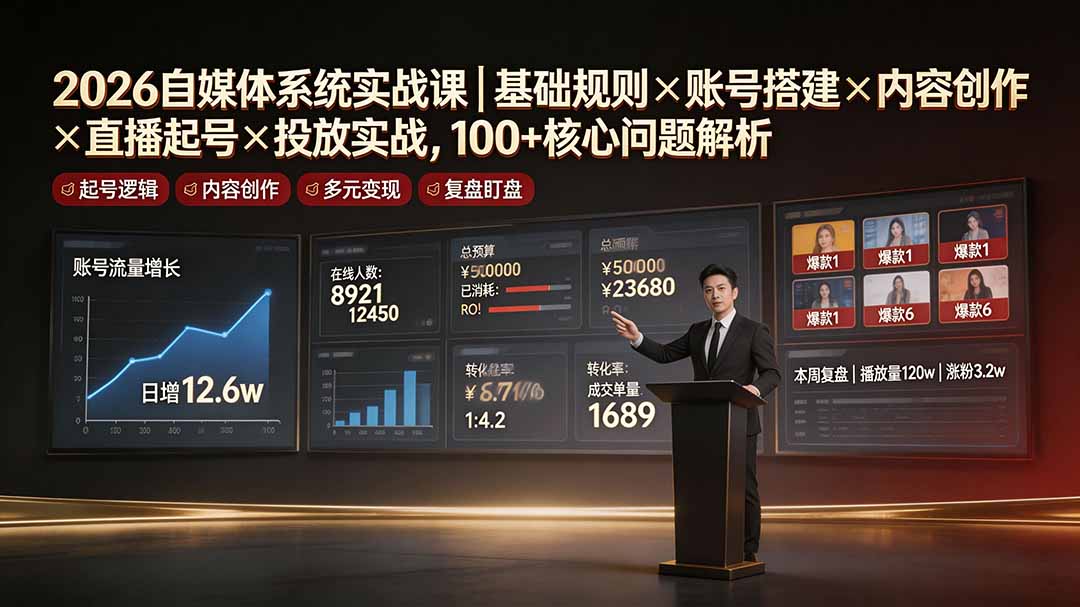 2026自媒体系统实战课｜基础规则×账号搭建×内容创作×直播起号×投放实战，100+核心问题解析-云讯网创