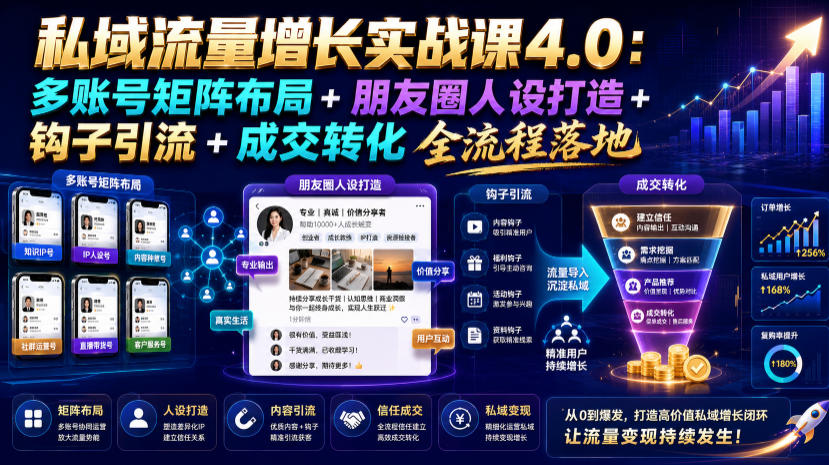私域流量增长实战课4.0：多账号矩阵布局+朋友圈人设打造+钩子引流+成交转化全流程落地-云讯网创