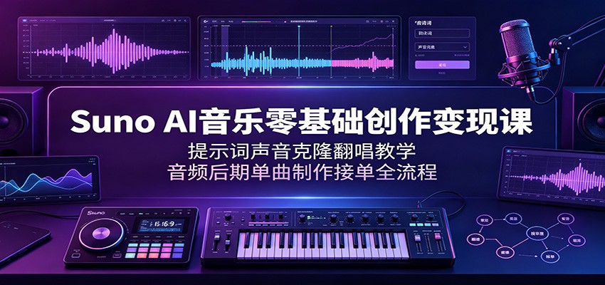 Suno AI音乐零基础创作变现课：提示词声音克隆翻唱教学，音频后期单曲制作接单全流程-云讯网创