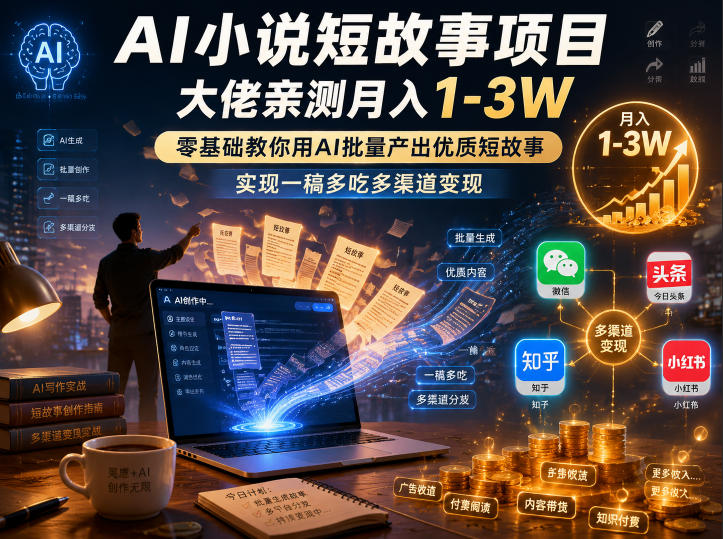 AI小说短故事项目，大佬亲测月入1-3W，零基础教你用AI批量产出优质短故事，实现一稿多吃多渠道变现-云讯网创