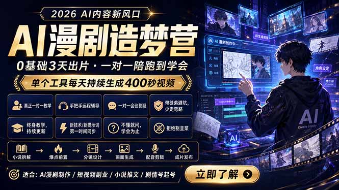 AI漫剧造梦营:0基础3天出片,单个工具每天持续生成400秒视频-云讯网创
