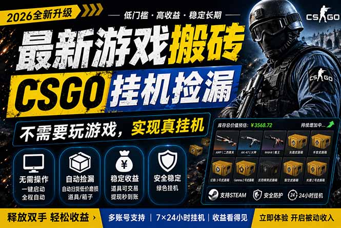 最新游戏搬砖，CSGO纯挂机，不需要玩游戏，实现真挂机，月入1W+，五一小高峰上车可吃肉，…-云讯网创
