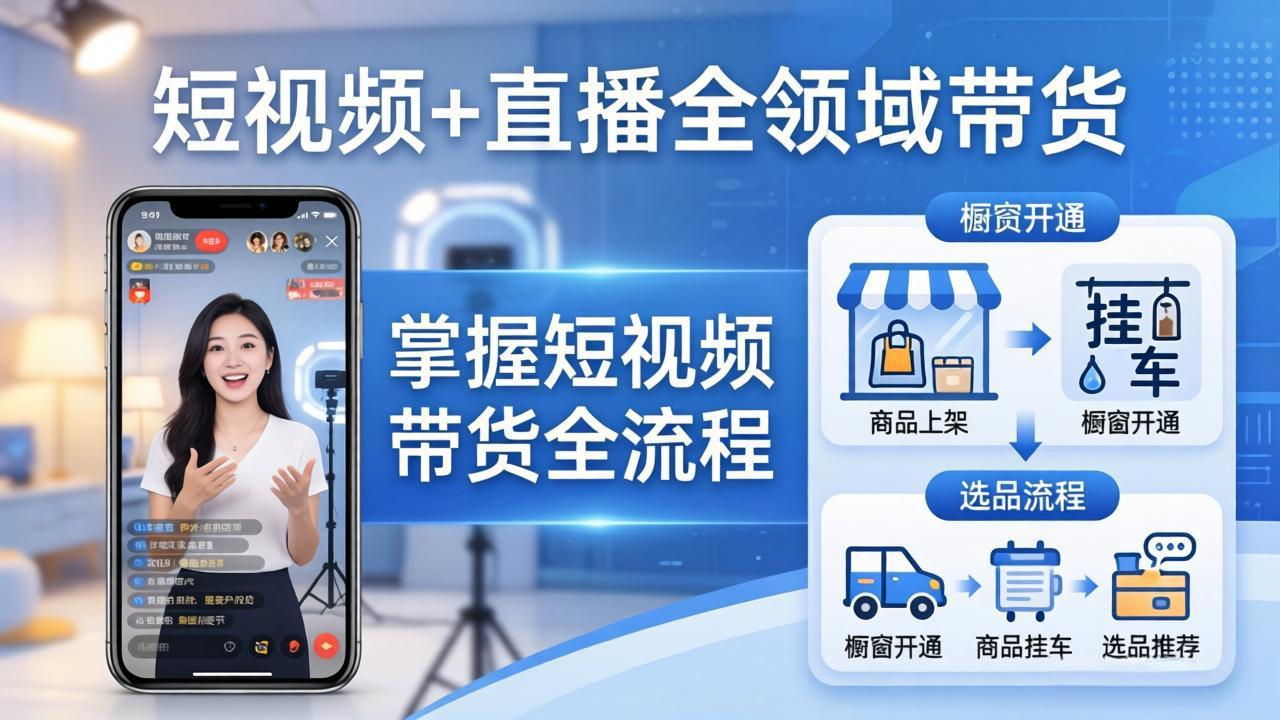 短视频+直播全领域带货-更新：掌握橱窗开通、挂车、选品、爆款文案改编等短视频带货全流程-云讯网创