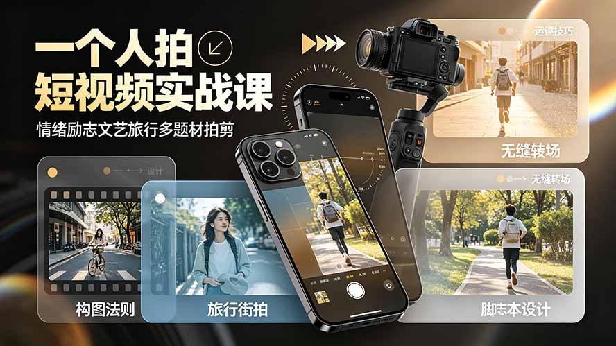一个人拍短视频实战课：情绪励志文艺旅行多题材×五大景别×黄金构图×八大运镜，从拍摄到成片高效创作-云讯网创