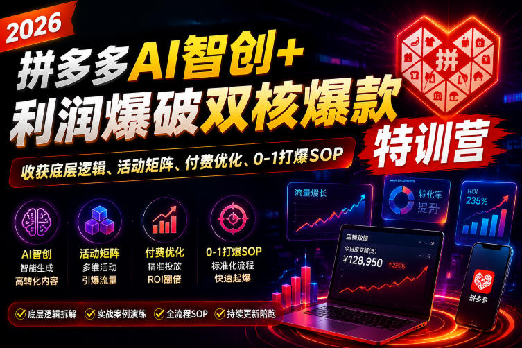 2026拼多多AI智创+利润爆破双核爆款特训营，收获底层逻辑、活动矩阵、付费优化、0-1打爆SOP-云讯网创