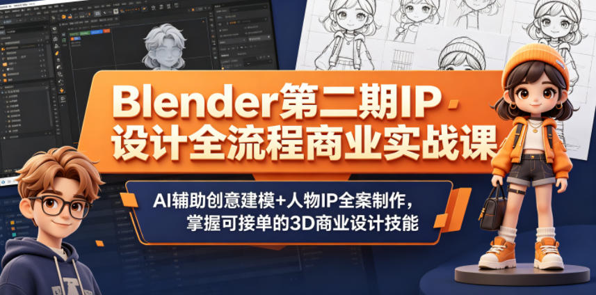 Blender第二期IP设计全流程商业实战课，AI辅助创意建模+人物IP全案制作，掌握可接单的3D商业设计技能-云讯网创
