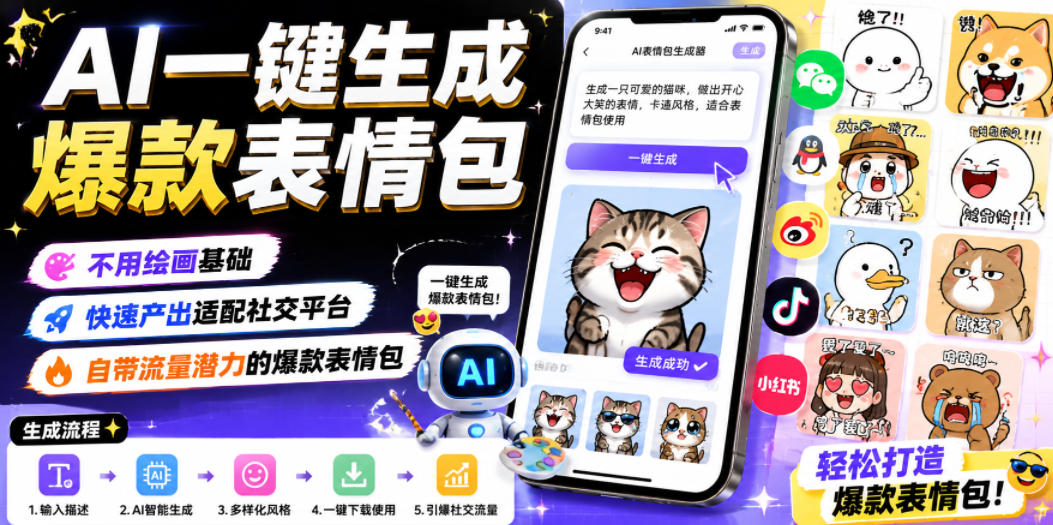 AI一键生成爆款表情包,不用绘画基础,快速产出适配社交平台,自带流量潜力的爆款表情包-云讯网创