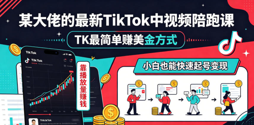 某大佬的最新TikTok中视频陪跑课，TK最简单賺美金方式，靠播放量賺钱，小白也能快速起号变现-云讯网创