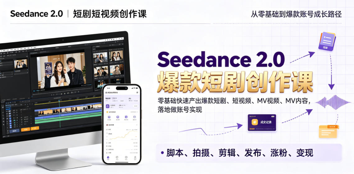 Seedance 2.0短剧短视频创作课,零基础快速产出爆款短剧、短视频、MV内容,落地做账号实现变现-云讯网创
