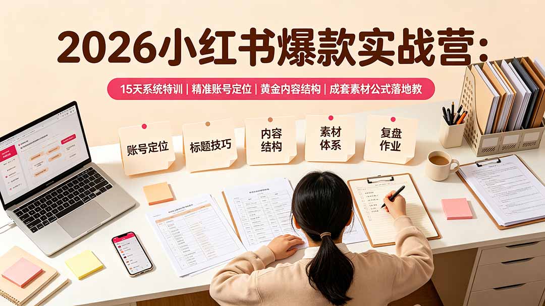 2026小红书爆款实战营：15天系统特训｜精准账号定位｜黄金内容结构｜成套素材公式落地教程-云讯网创