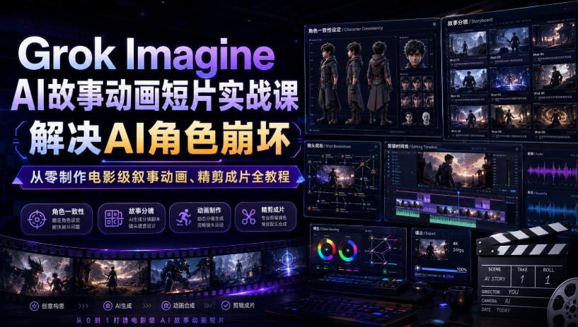Grok Imagine AI故事动画短片实战课|解决AI角色崩坏,从零制作电影级叙事动画、精剪成片全教程(中英字幕)-云讯网创