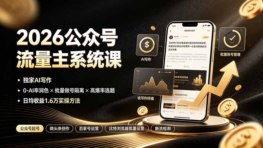 2026公众号流量主系统课：独家AI写作×0-AI率润色×批量做号隔离×高爆率选题，日均收益1.6万实操方法-云讯网创