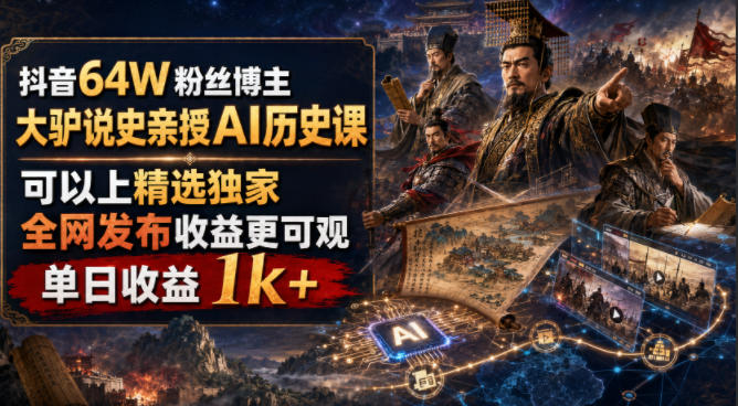 抖音64W粉丝博主大驴说史亲授AI历史课，可以上精选独家，全网发布收益更可观，单日收益1k+-云讯网创