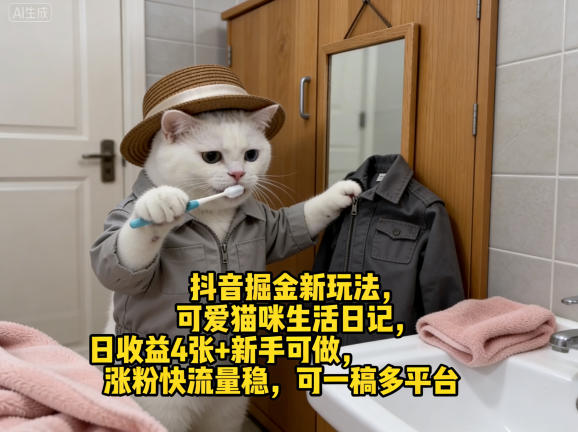 抖音掘金新玩法，可爱猫咪生活日记，日收益4张+新手可做，涨粉快流量稳，可一稿多平台-云讯网创