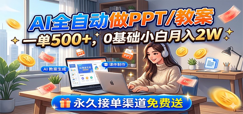 AI全自动做PPT/教案，一单500+，0基础小白月入2W，永久接单渠道免费送-云讯网创