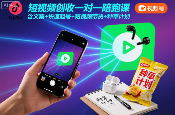 短视频创收一对一陪跑课，含文案+快速起号+短视频带货+种草计划-云讯网创