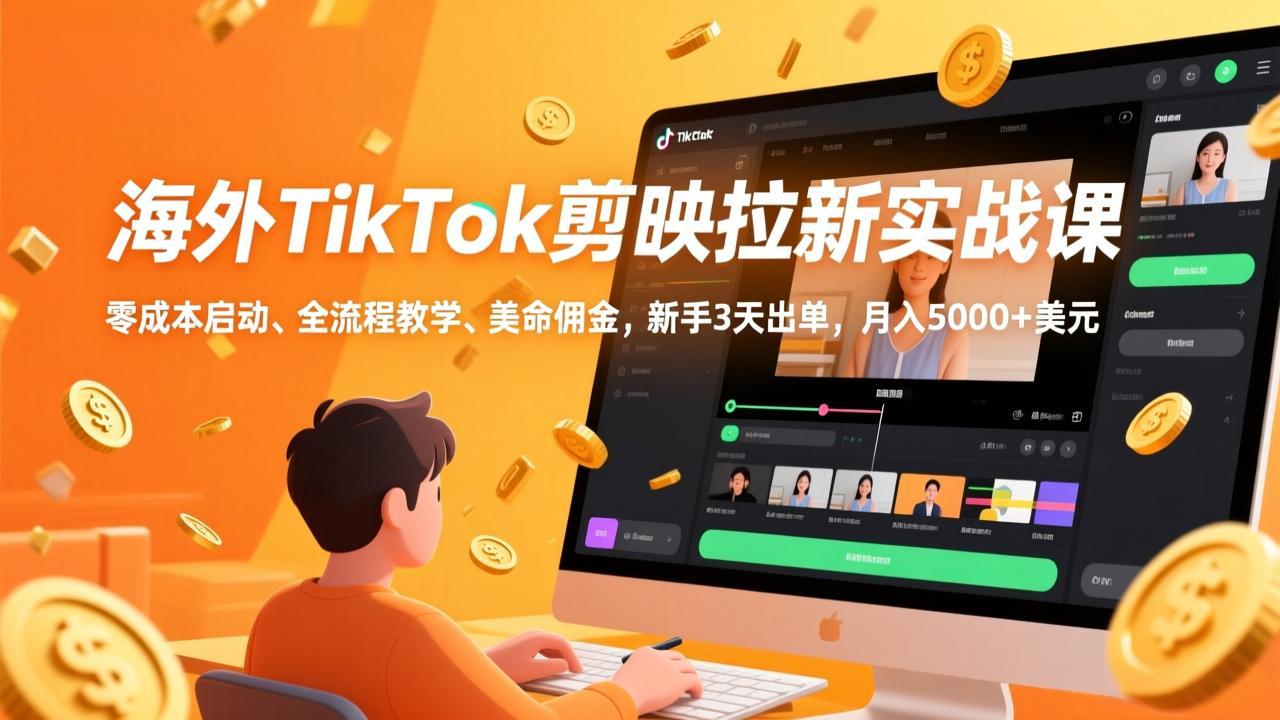 海外TikTok剪映拉新实战课，零成本启动、全流程教学、美金佣金，新手3天出单，月入5000+美元-云讯网创