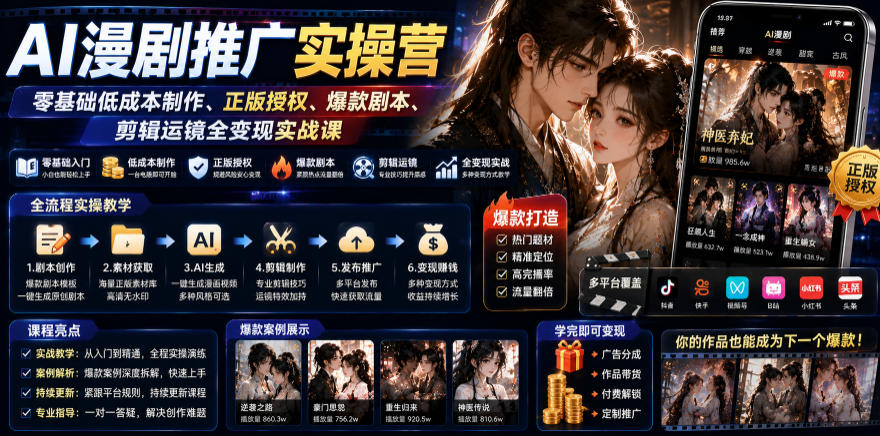 AI漫剧推广实操营｜零基础低成本制作、正版授权、爆款剧本、剪辑运镜全变现实战课-云讯网创