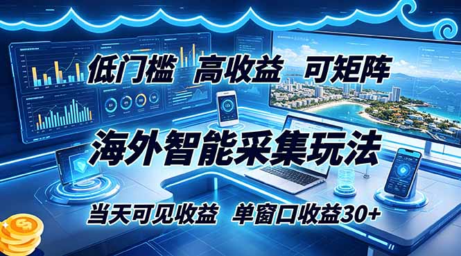 海外智能采集玩法，低门槛高单价可矩阵，当天可见收益，单窗口30+-云讯网创