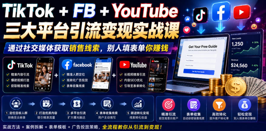 TikTok+FB+YouTube三大平台引流变现实战课,通过社交媒体获取销售线索,别人填表单你賺钱【原创双语字幕】-云讯网创