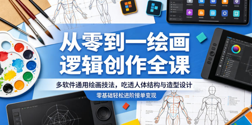 从零到一绘画逻辑创作全课，多软件通用绘画技法，吃透人体结构与造型设计，零基础轻松进阶接单变现-云讯网创