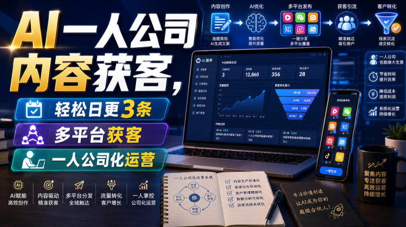 AI一人公司内容获客，轻松日更3条，多平台获客，一人公司化运营-云讯网创