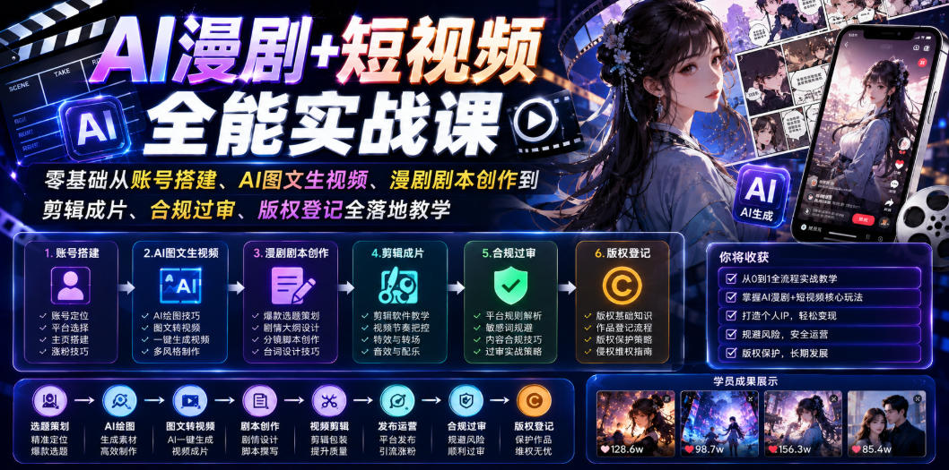AI漫剧+短视频全能实战课｜零基础从账号搭建、AI图文生视频、漫剧剧本创作到剪辑成片、合规过审、版权登记全落地教学-云讯网创