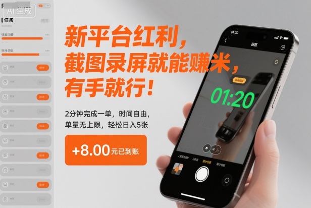 新平台红利，截图录屏就能賺米，有手就行！2分钟完成一单，时间自由，单量无上限，轻松日入5张【揭秘】-云讯网创
