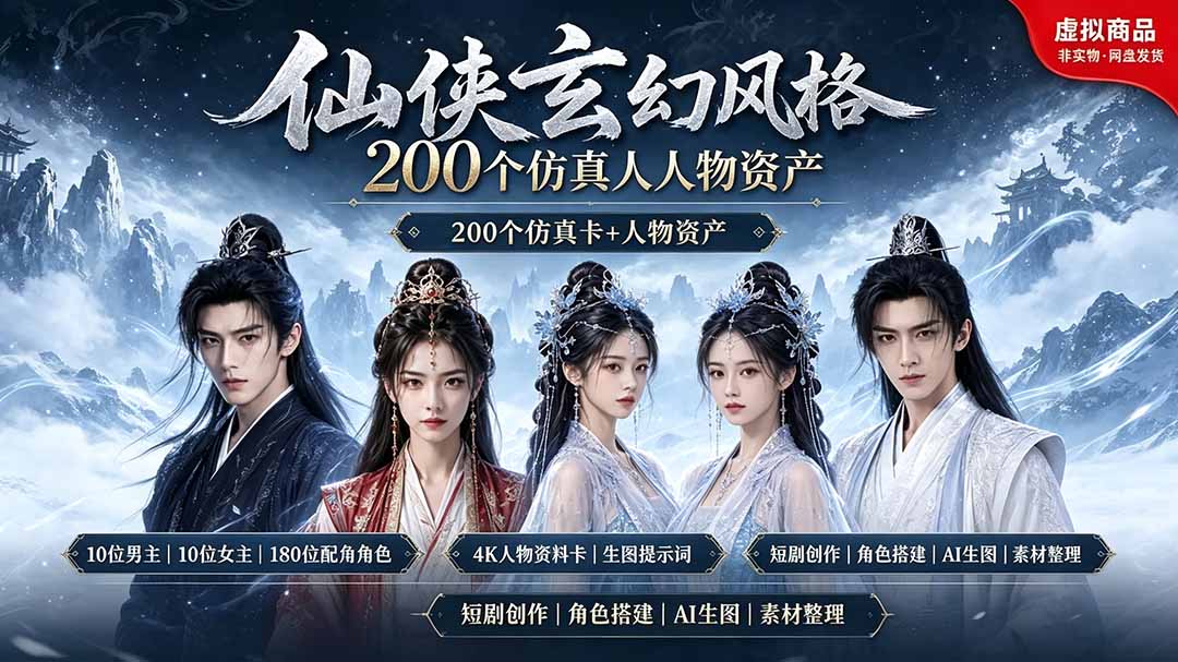 200个仙侠玄幻仿真人素材◆10男主×10女主×180配角，4K资料卡+AI生图提示词，漫剧必备-云讯网创