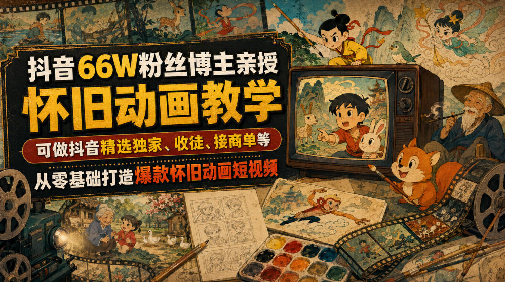 抖音66W粉丝博主亲授怀旧动画教学，可做抖音精选独家、收徒、接商单等，从零基础打造爆款怀旧动画短视频-云讯网创