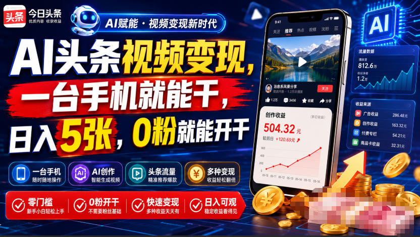 AI头条视频变现，一台手机就能干，日入5张，0粉就能开干-云讯网创