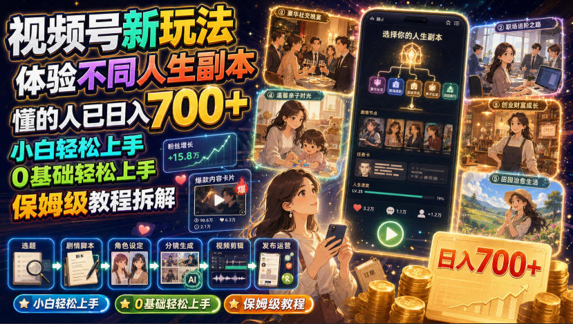 视频号新玩法体验不同人生副本,懂的人已日入700+,小白轻松上手,0基础轻松上手,保姆级教程拆解-云讯网创