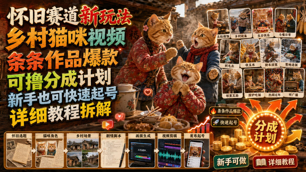 怀旧赛道新玩法,乡村猫咪视频,条条作品爆款,可撸分成计划,新手也可快速起号,详细教程拆解-云讯网创