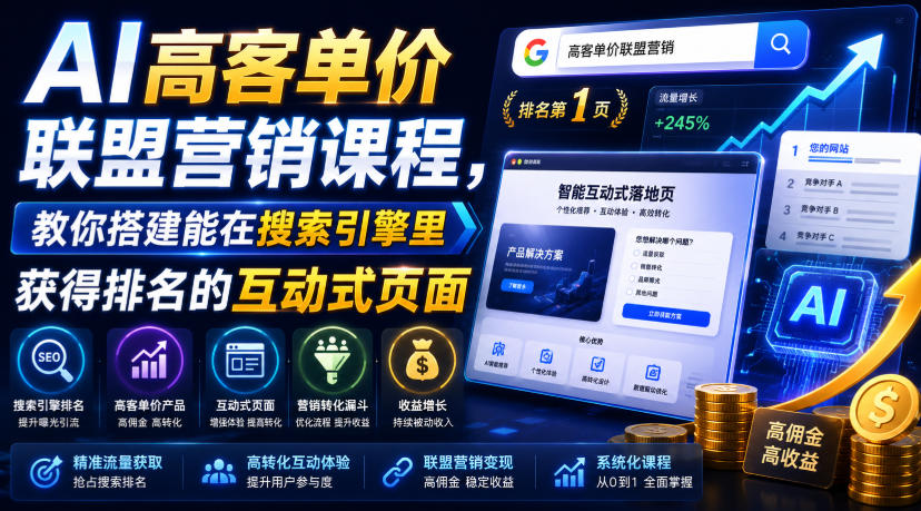 AI高客单价联盟营销课程,教你搭建能在搜索引擎里获得排名的互动式页面,引来流量,把访客转化为高佣金的成交【原创双语字幕】-云讯网创