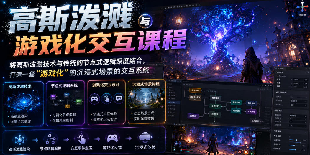 高斯泼溅与游戏化交互课程，将高斯泼溅技术与传统的节点式逻辑深度结合，打造一套“游戏化”的沉浸式场景的交互系统-云讯网创
