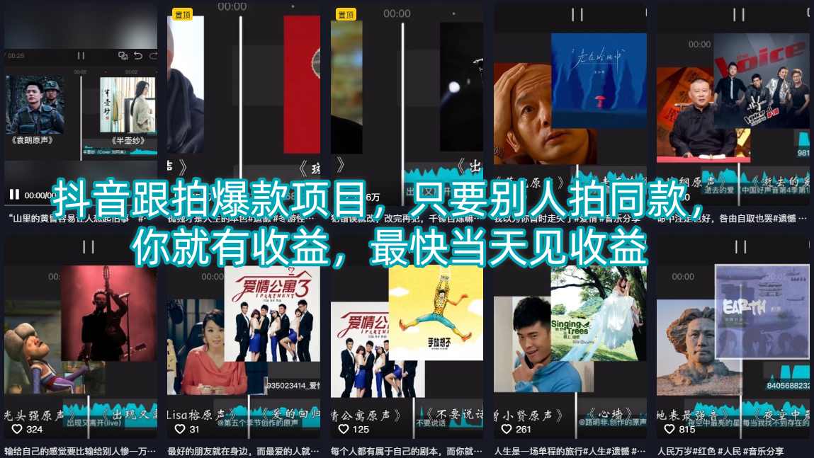 抖音跟拍爆款项目，只要别人拍同款，你就有收益，最快当天见收益-云讯网创