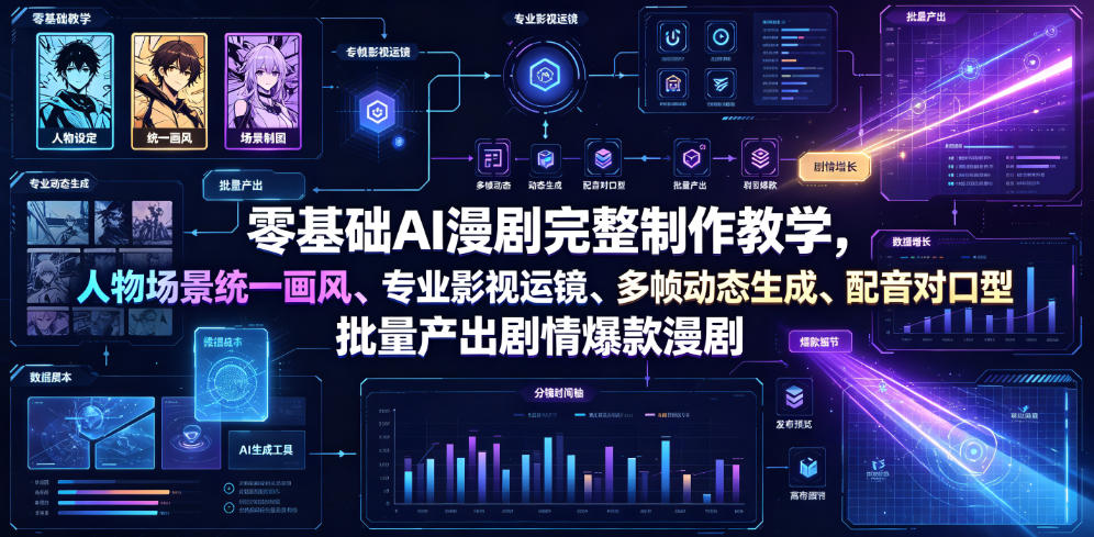 零基础AI漫剧完整制作教学，人物场景统一画风、专业影视运镜、多帧动态生成、配音对口型，批量产出剧情爆款漫剧-云讯网创