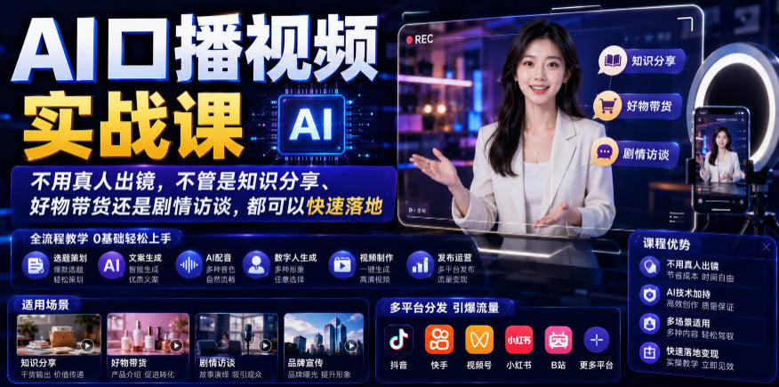 AI口播视频实战课，不用真人出镜，不管是知识分享、好物带货还是剧情访谈，都可以快速落地-云讯网创