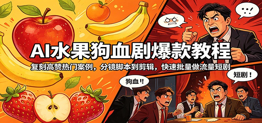 AI水果狗血剧爆款教程：复刻高赞热门案例，分镜脚本到剪辑，快速批量做流量短剧-云讯网创