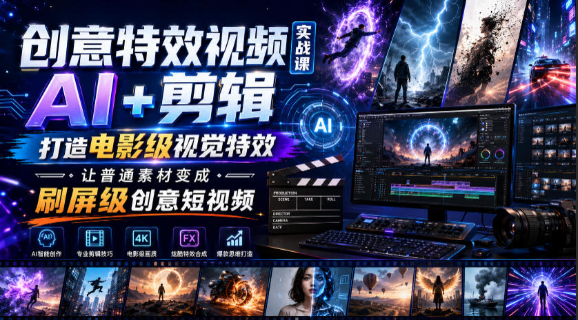 创意特效视频实战课，AI+剪辑打造电影级视觉特效，让普通素材变成刷屏级创意短视频-云讯网创